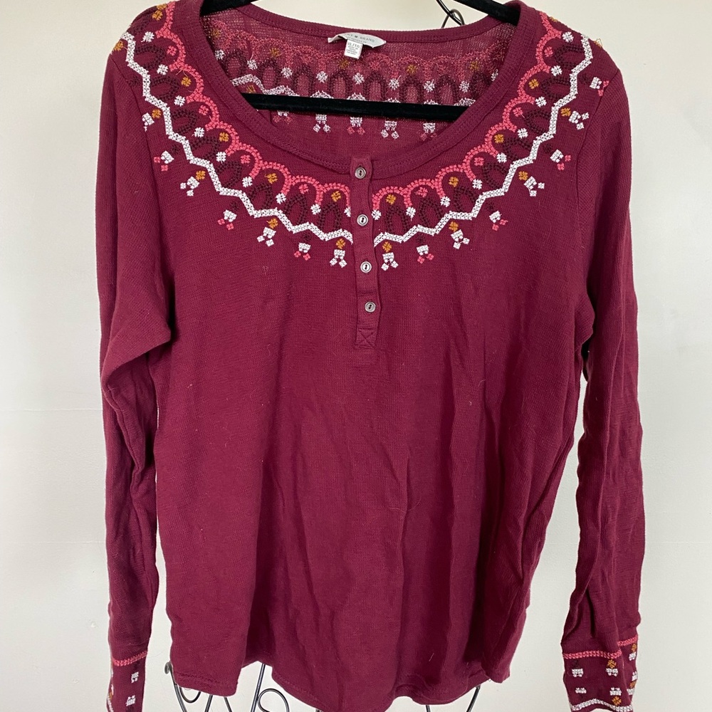 Lucky Brand Wide Neck Long Sleeve Top with Knit Patterns